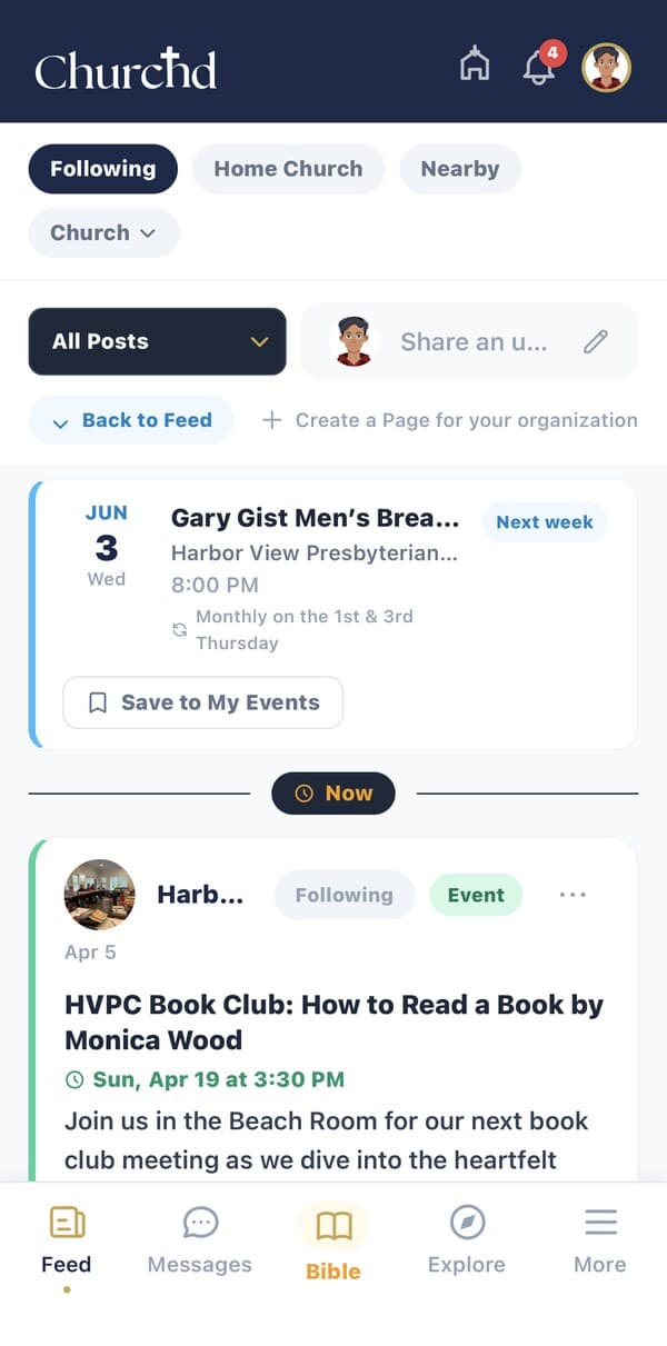 Churchd community platform showing an upcoming Gary Gist Men's Breakfast event and a Harbor View Presbyterian book club post
