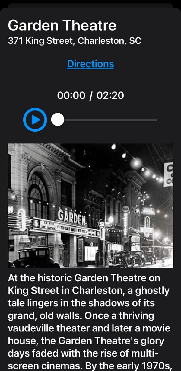 Spirits of Charleston app showing the Garden Theatre story at 371 King Street with audio player and historic photo