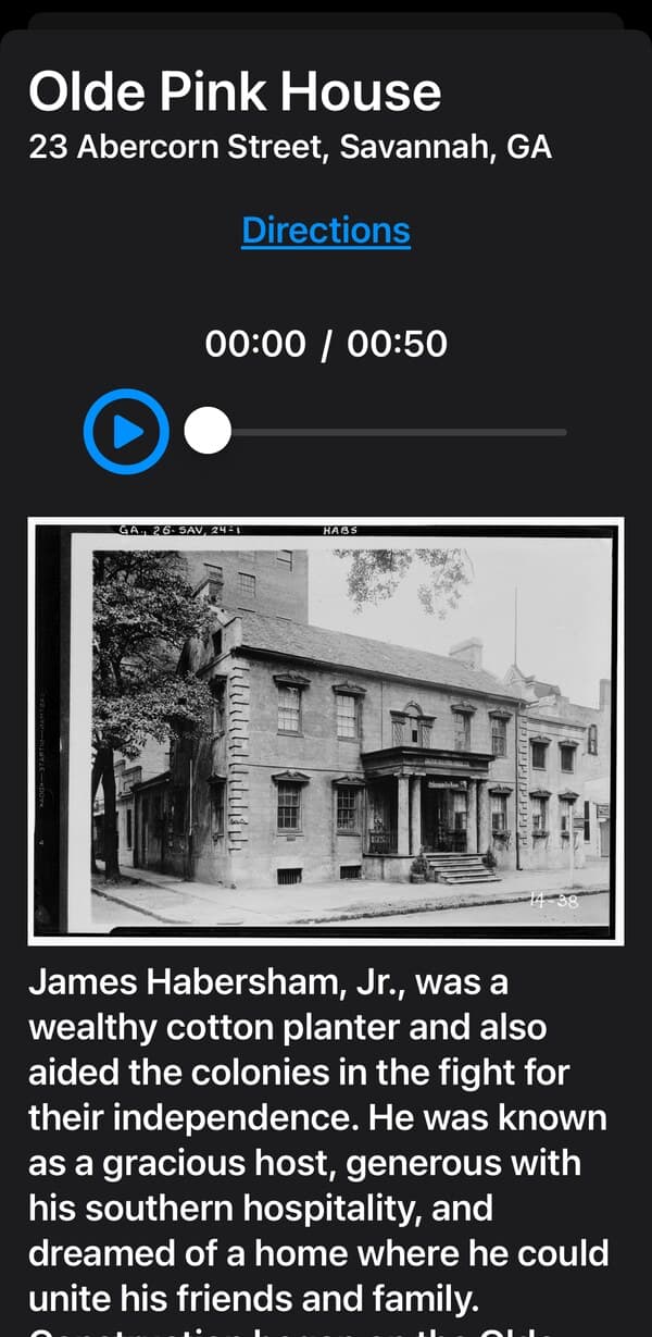 Spirits of Savannah app showing the Olde Pink House story at 23 Abercorn Street with audio player and historic photo