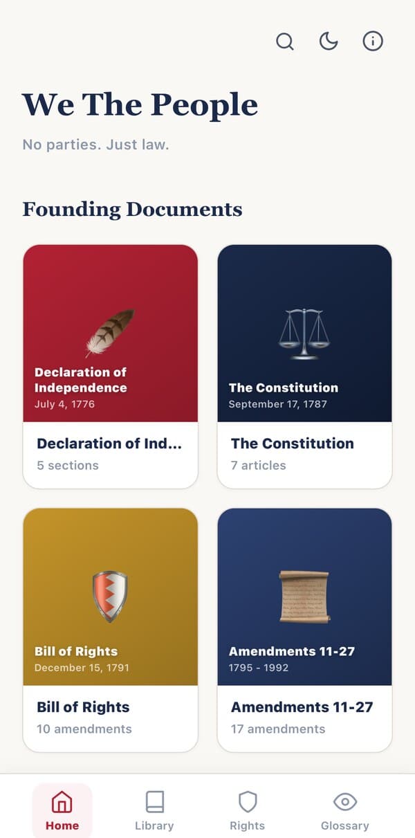 We The People: Your Rights app home screen showing the four founding documents